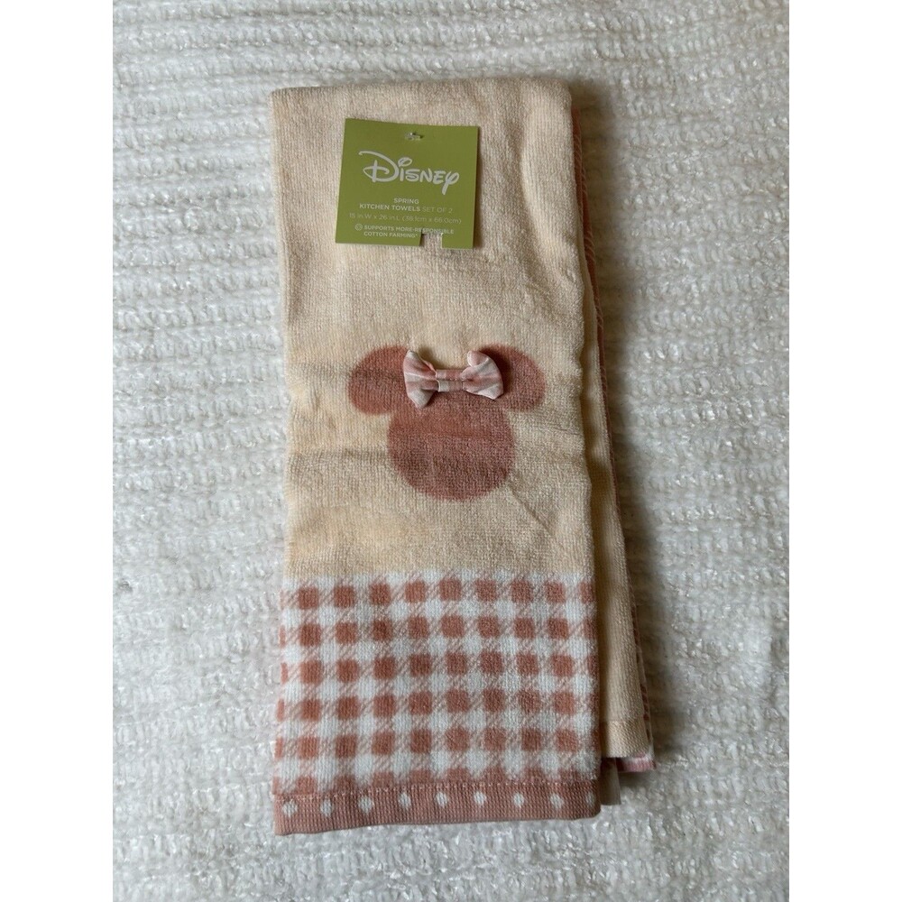 Disney Minnie Mouse Kitchen Towels Set of 2 Gingham Pattern Embroidered NEW NWT